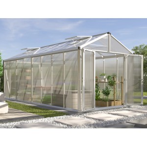 Vitavia Gewächshaus Zeus Comfort 15700 mit Alu-Rahmen und geöffneten Doppeltüren.