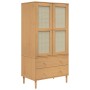 Brauner Kleiderschrank SENJA mit Rattan-Optik, Kiefernholz, 90x175cm. Schrank mit zwei Schubladen und zwei Türen.