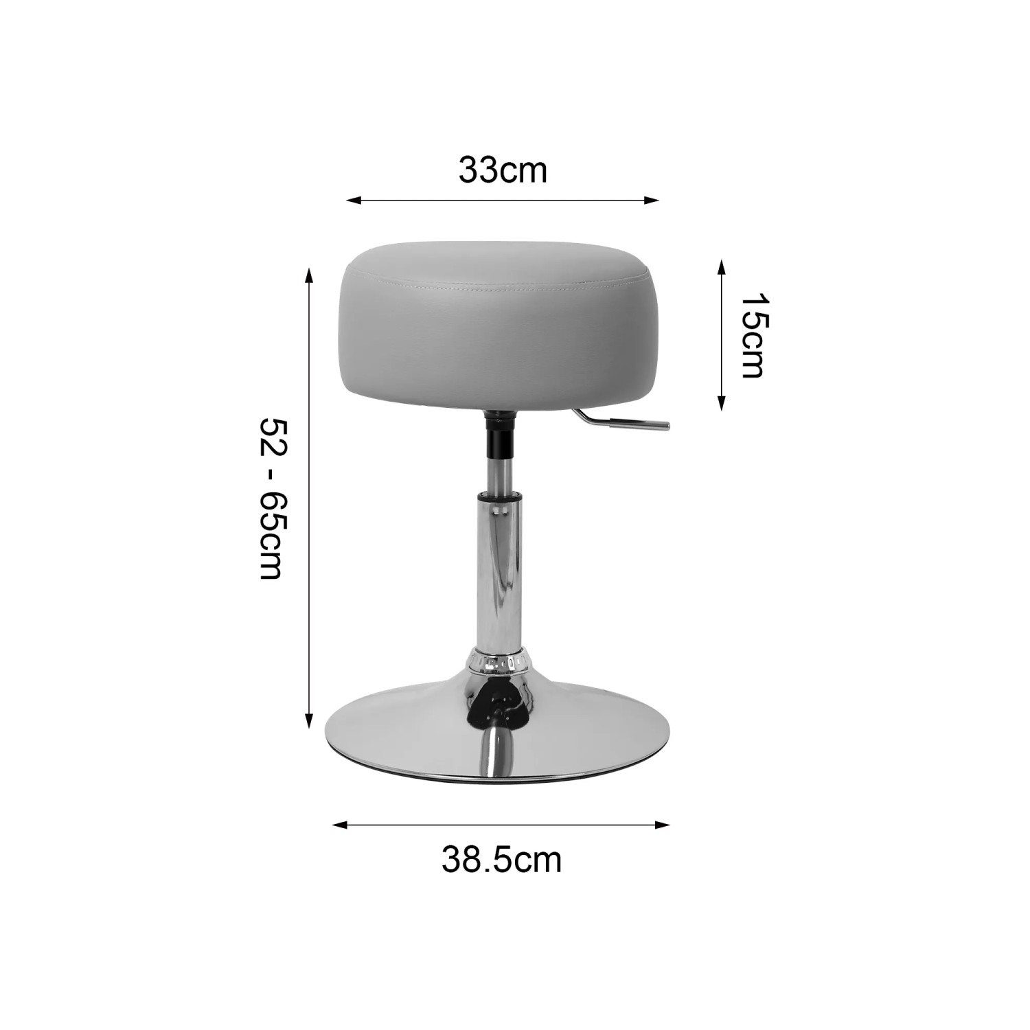 ML-Design Schminkhocker, hellgrauer, runder Sitzhocker, höhenverstellbar, Stahlfuß, Maße eingezeichnet.