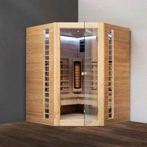 Redsun Deluxe Infrarotkabine XXL aus Tannenholz mit Glasfront und Innenansicht.