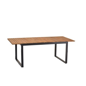 Rechteckiger, ausziehbarer Merxx Gartentisch Naxos aus Akazienholz mit schwarzem Aluminiumgestell.