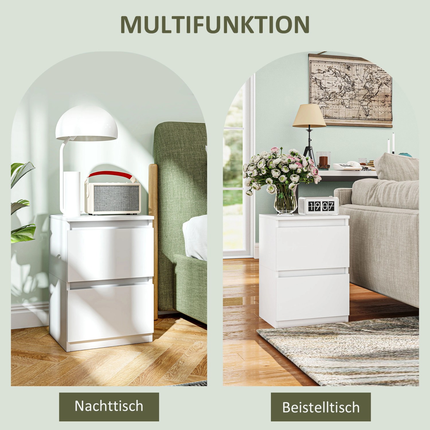 HOMCOM Nachttisch/Beistelltisch, weiß, mit zwei Schubladen, vielseitig einsetzbar.