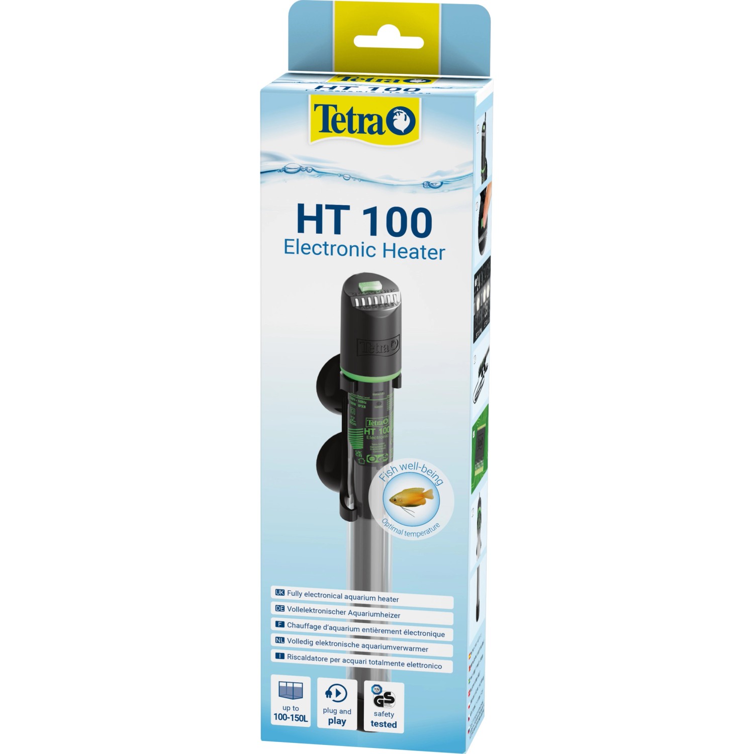 Verpackung des Tetra Aquarienheizer HT Heater Electronic 100 W für Aquarien, mit Saugnäpfen.