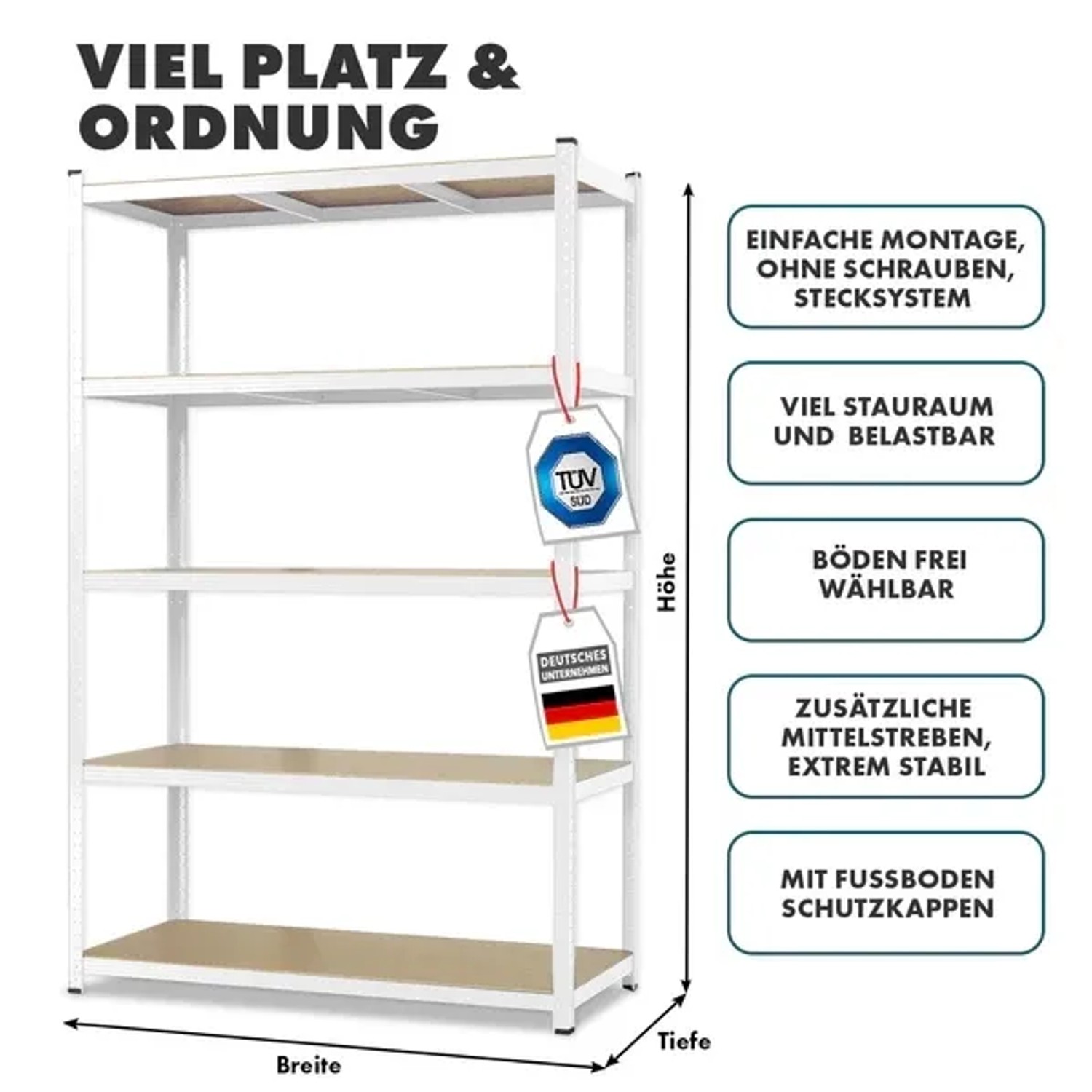 Weißes KARAT Schwerlastregal (180x90x60 cm) mit 5 Böden für Keller und Werkstatt.