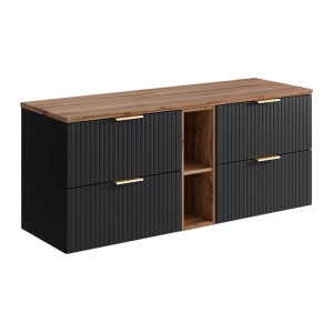 Wandhängender Waschbeckenunterschrank Zevara 140 cm in Schwarz mit Streifenoptik, Holzplatte, offenen Fächern und Goldgriffen.