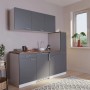 Respekta Küchenzeile KB180WG, 180 cm, grau-weiße Single-Küche mit Spüle, Kochfeld und Kühlschrank.