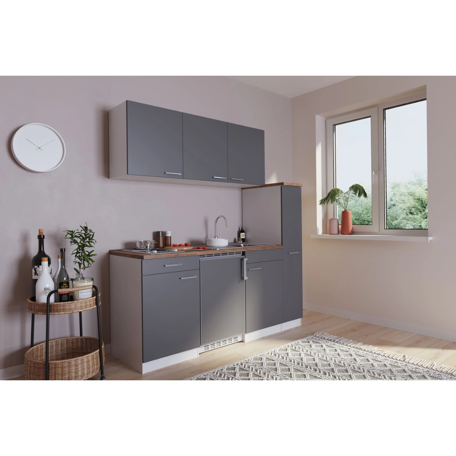 Respekta Küchenzeile KB180WG, 180 cm, grau-weiße Single-Küche mit Spüle, Kochfeld und Kühlschrank.