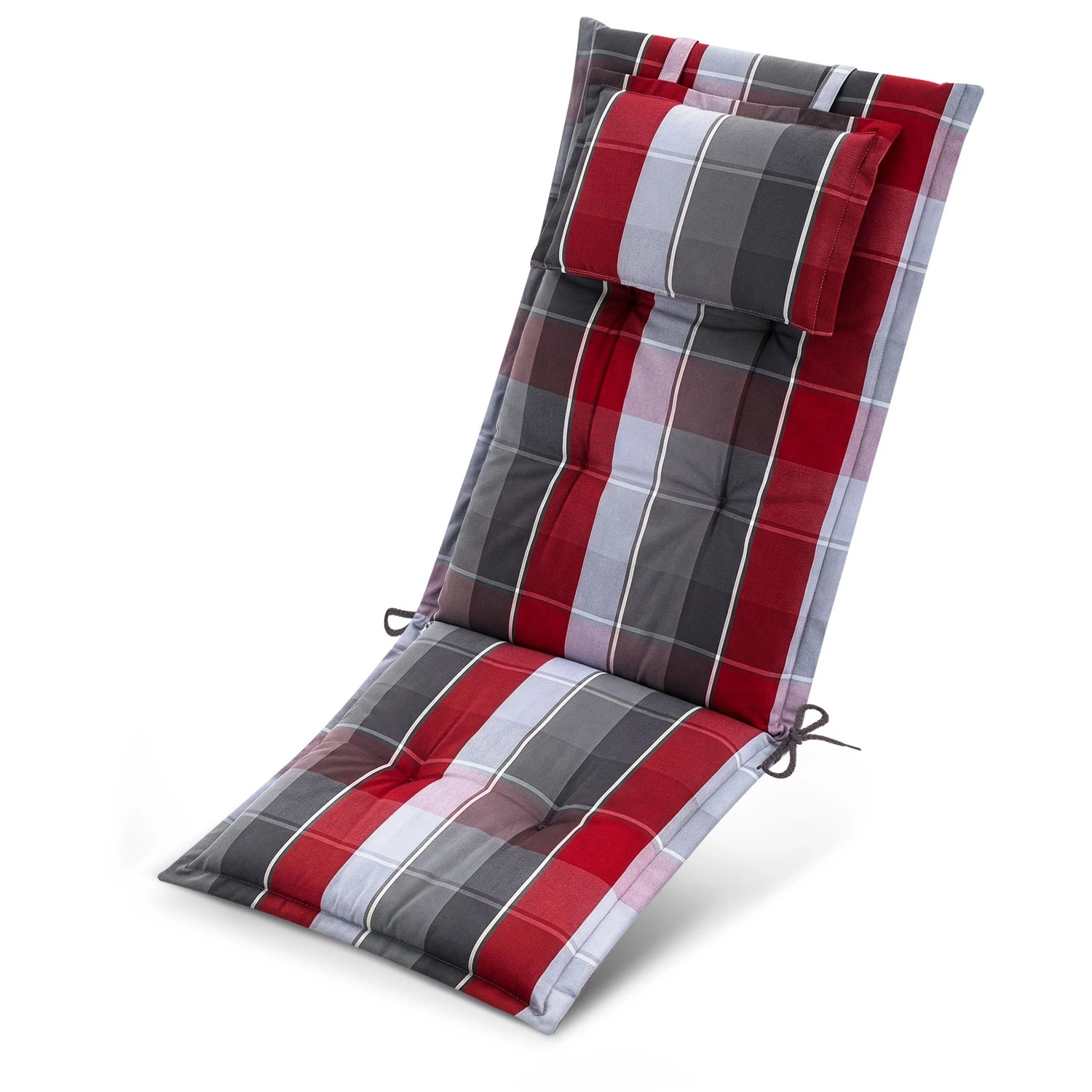 Beautissu Premium Hochlehnerauflage 120x50x7cm Grau-Rot-Hellblau-Kariert