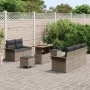 Graues 8-tlg. vidaXL Garten-Sofa-Set aus Poly Rattan mit höhenverstellbarem Tisch und Hockern.