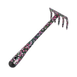 Galaflor Handrechen aus Stahl mit Blumenmotiv. Dunkler Griff mit pinken Blüten, 5 Zinken. Für Gartenarbeiten.