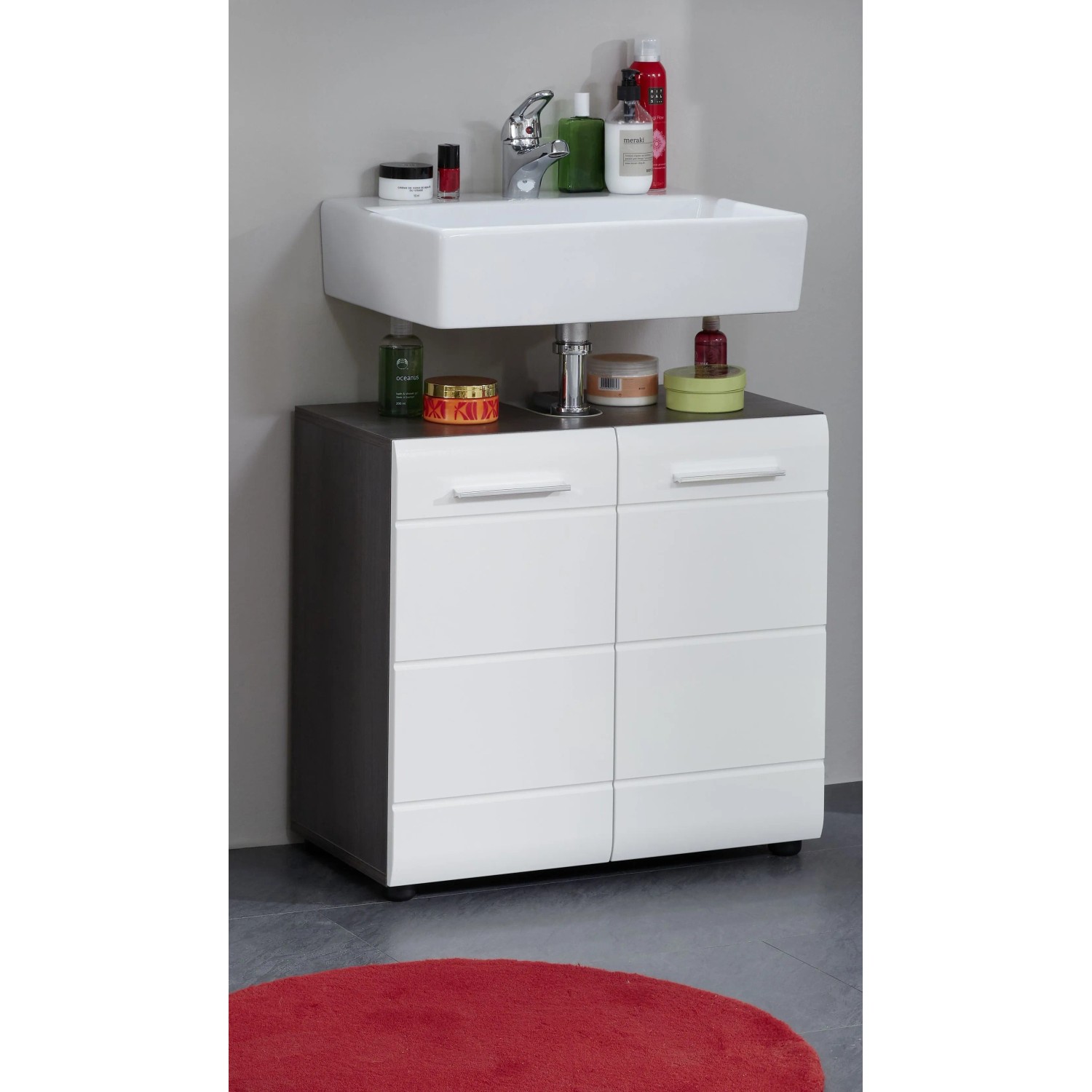 Trendteam Waschbeckenunterschrank LineSkinBD, weiß, 60 cm breit, mit zwei Türen und Ablagefläche.