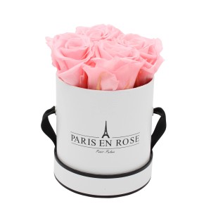 Rosenbox mit 4 roten Rosen in weiß-schwarzer Box (Ø 10cm).