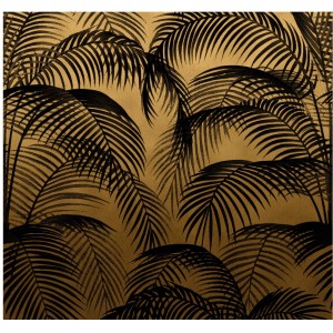 Art for the Home Fototapete Luxy, 280x300 cm, mit Palmenblattmotiv auf ockerfarbenem Hintergrund.
