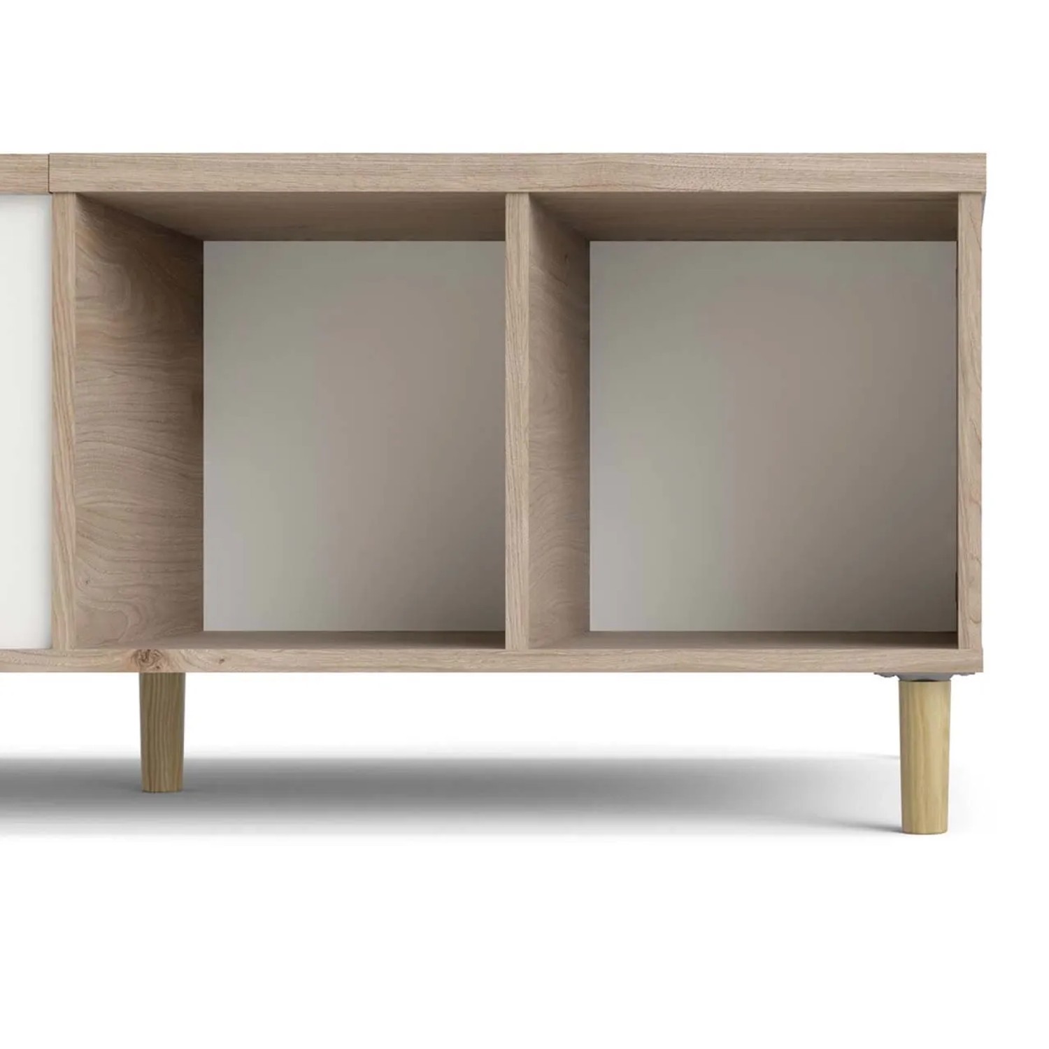 Detailansicht: Couchtisch Penny in Hickory-Dekor/Mattweiß mit Fächern und Holzfüßen.