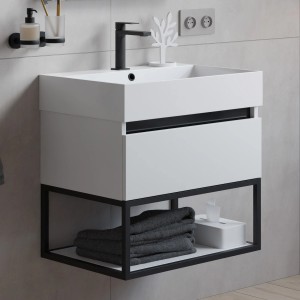 pianura Waschtisch Giulia, weiß hochglanz, 60 cm mit Unterschrank und schwarzem Metallgestell.