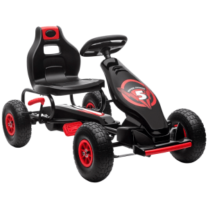 Schwarzes HOMCOM Gokart Kinderfahrzeug mit roten Akzenten, verstellbarem Sitz und robusten Gummireifen.