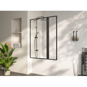 Schwarze Duschabtrennung Bradenton für Badewanne, 100 cm breit, mit schwenkbarem Glasflügel und Metallrahmen.