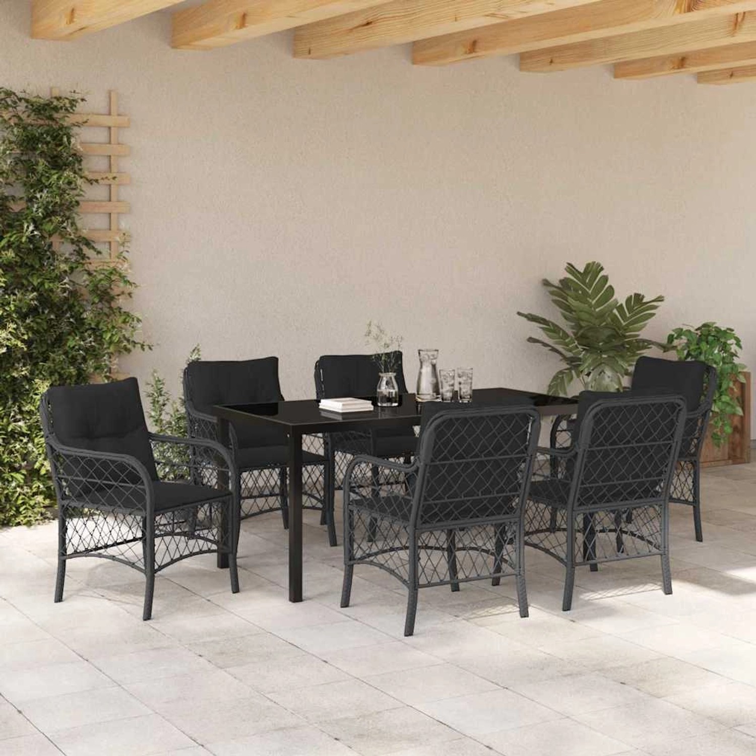 Schwarze 7-tlg. vidaXL Garten Essgruppe aus Polyrattan mit Kissen.