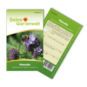Deine Gartenwelt Phacelia Bienenfreund Samenpackung mit blühender Pflanze und Hummel.