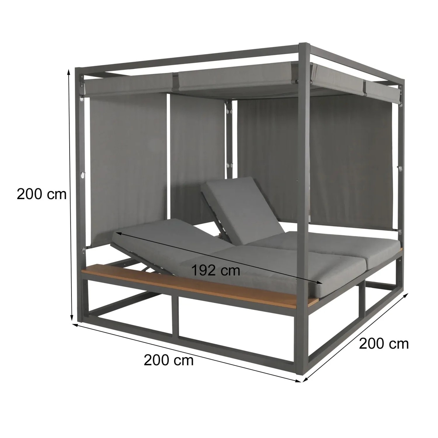 Dunkelgraue MCW Lounge-Gartenliege M63 mit verstellbarer Rückenlehne und Vorhängen.