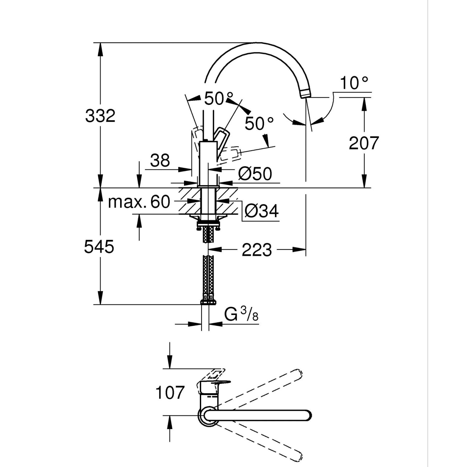 Technische Zeichnung der Grohe QuickFix Start Loop Spültischarmatur mit Maßangaben.