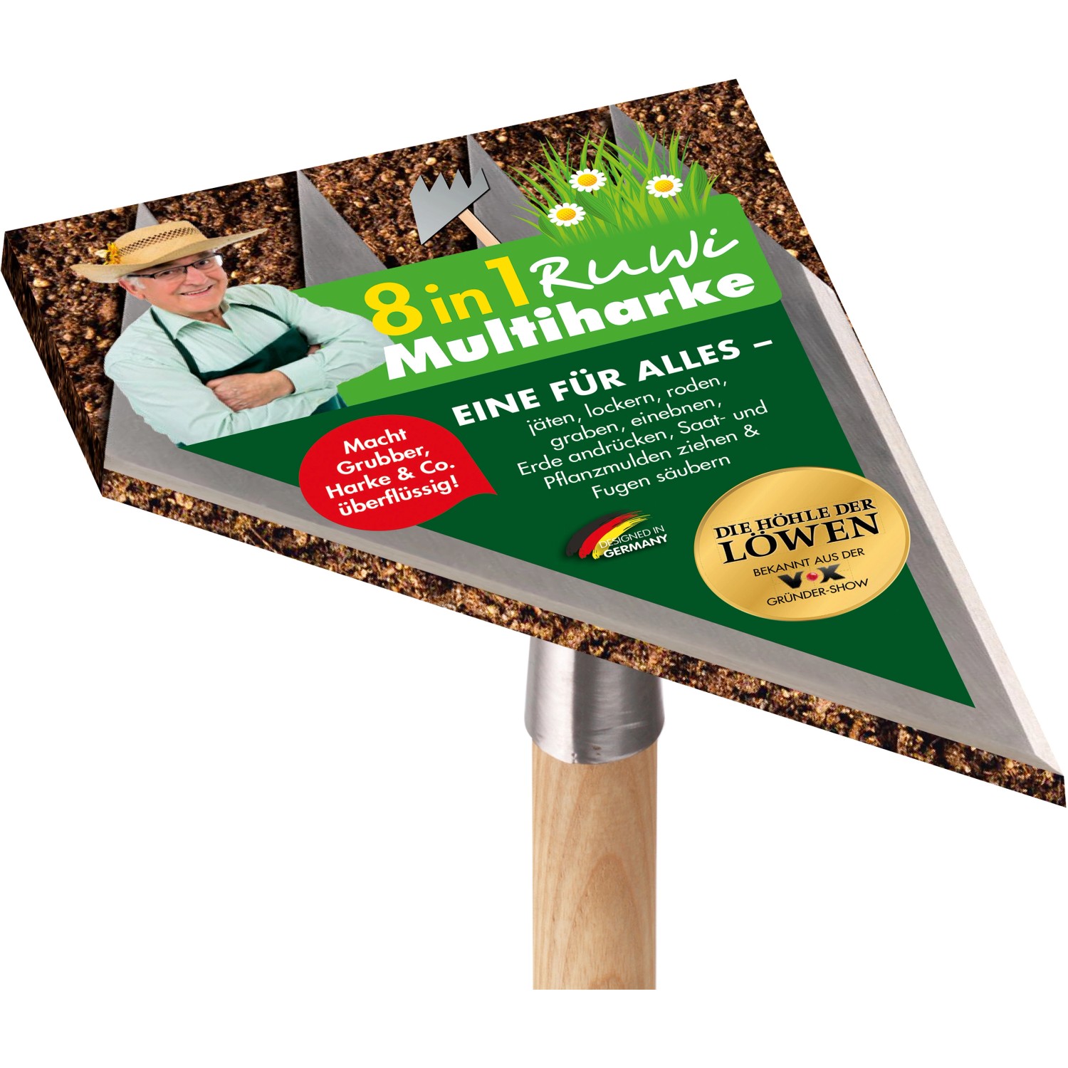 Ruwi Multi-Harke 8in1 aus Edelstahl mit Holzstiel für die Bodenbearbeitung.