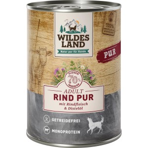 Wildes Land Hunde-Nassfutter Rind Pur, 400g Dose. Alleinfutter mit hohem Fleischanteil und Distelöl.