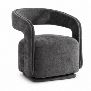 Grauer Chenille Drehsessel mit 360 Grad Drehfunktion. Moderner Loungesessel für Wohnzimmer und Leseecke.