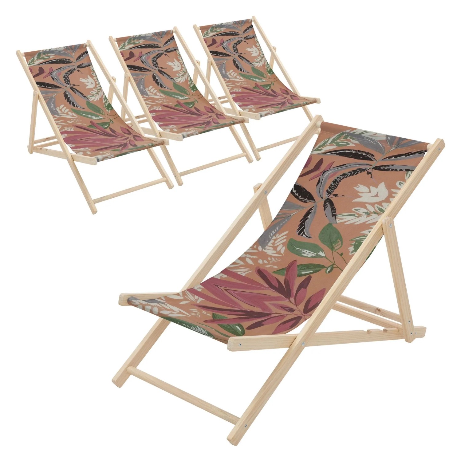 ECD Germany Liegestuhl 4Er Set Klappbar Floral Braun-Rot-Grün aus Holz