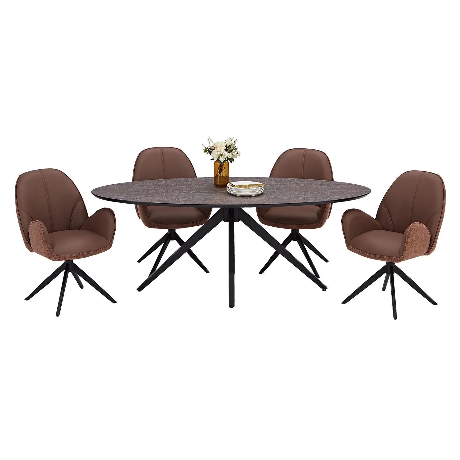 Homestyle4u Essgruppe mit 4 Stühlen Drehbar Braun Esstisch Oval 3008