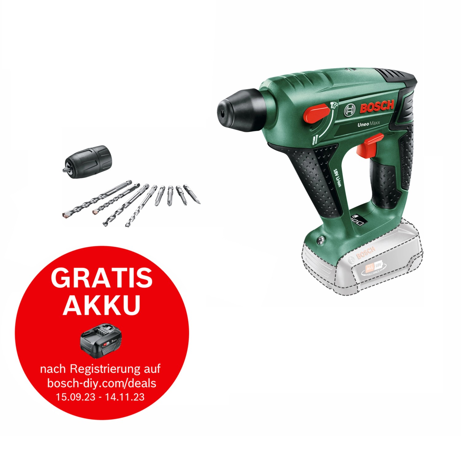 Bosch Power for All 18V Akku-Bohrhammer Uneo MAXX (18 V, Ohne Akku, 0,6 J) BAUHA