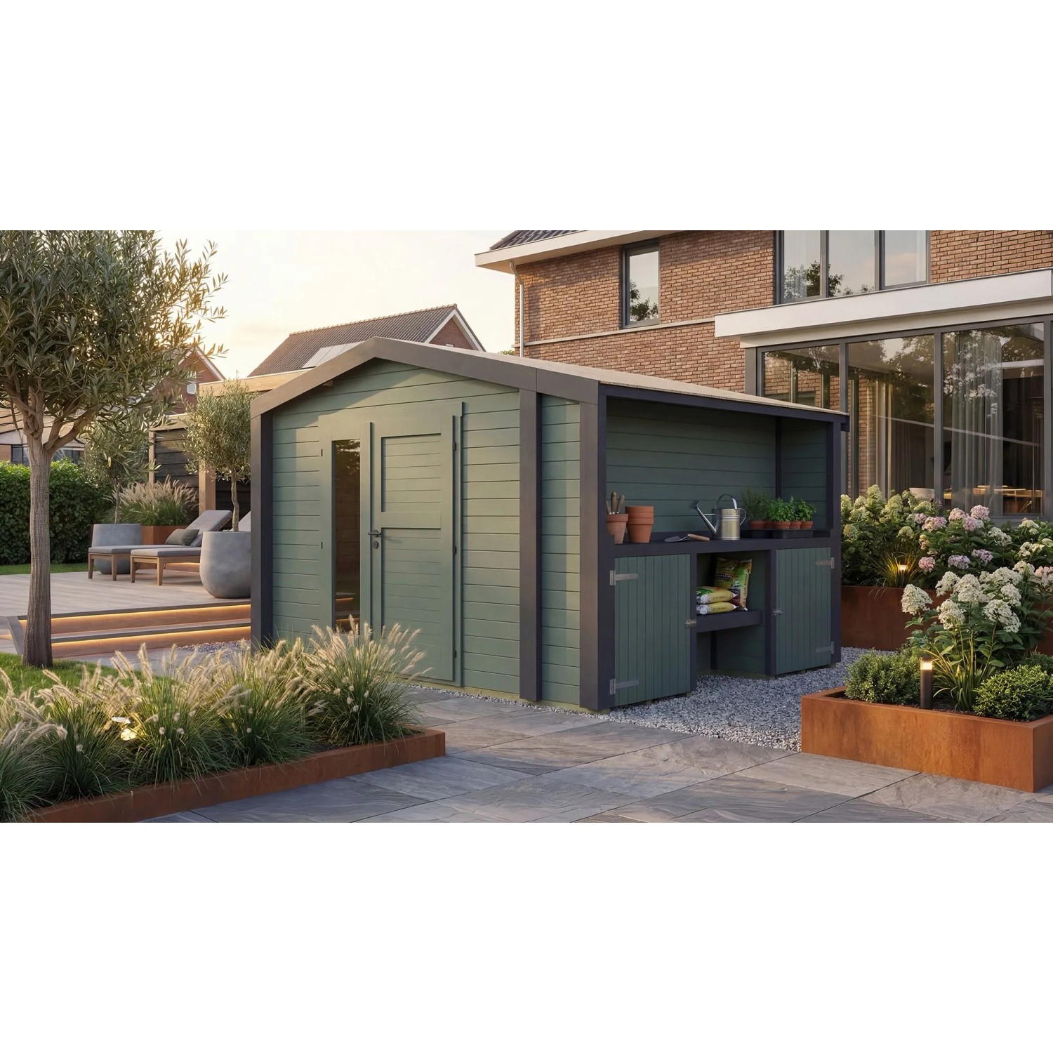 Weka Holz-Gartenhaus Killarney Satteldach Grau-Grün Lasiert 361 cm x 313 cm