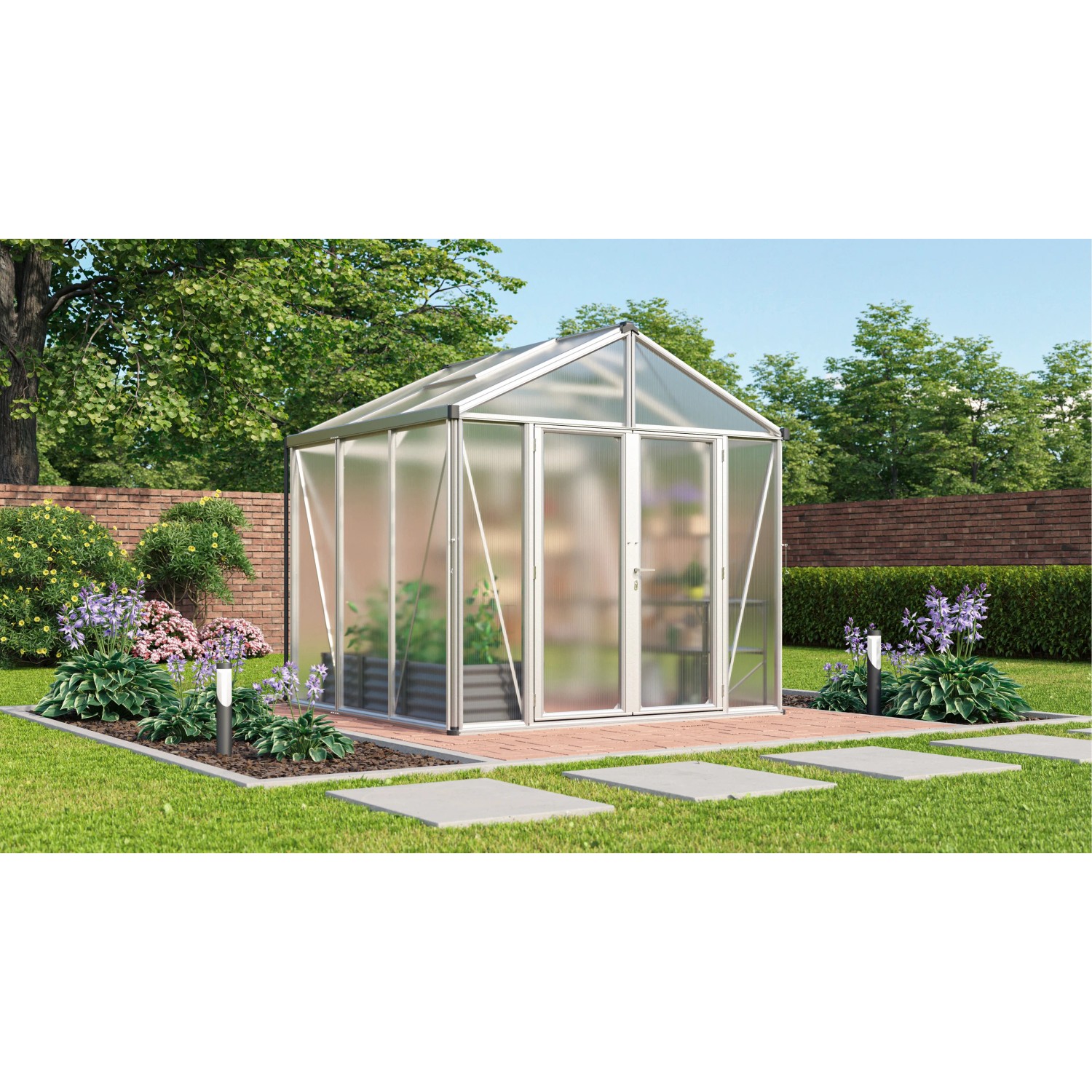 Vitavia Zeus Comfort 6200 Gewächshaus mit HKP-Verglasung und Bodenprofil im Garten.