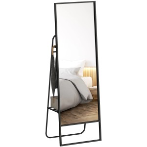 HOMCOM Ganzkörperspiegel, schwarz, mit Metallrahmen, Regal und Haken für Kleidung.
