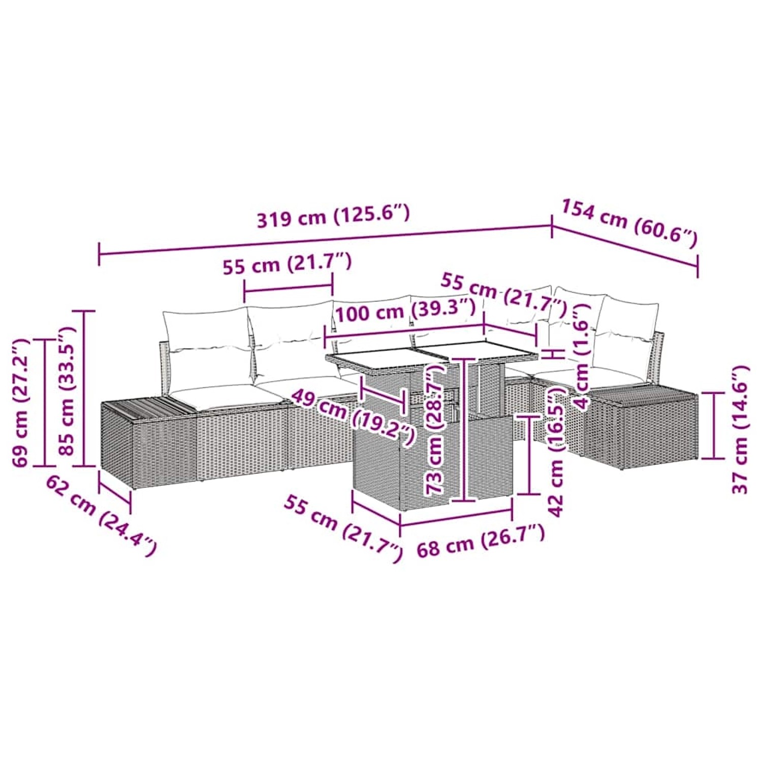vidaXL Garten-Sofa-Set 7-tlg. braun Poly Rattan mit Maßen. Ideal für Terrasse und Garten.