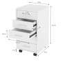Weißer Rollcontainer mit 5 Schubladen, teils geöffnet, Aluminiumgriffen und Rollen. Maße 33x38x63,5 cm. Mobiler Büroschrank.