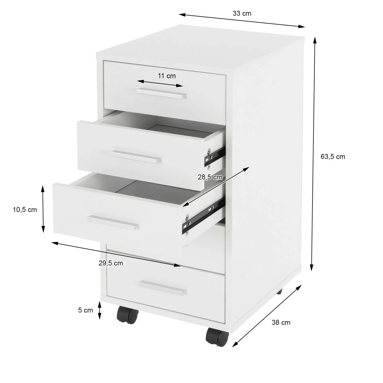 Weißer Rollcontainer mit 5 Schubladen, teils geöffnet, Aluminiumgriffen und Rollen. Maße 33x38x63,5 cm. Mobiler Büroschrank.