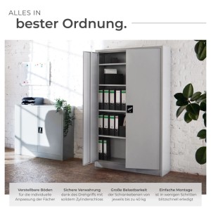 Grauer Tectake Aktenschrank aus Stahl mit geöffneten Flügeltüren und Ordnern.