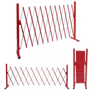 Ausziehbares Absperrgitter aus rot-weißem Aluminium, voll ausgezogen und zusammengeklappt. Ideal für Zäune & Mauern.