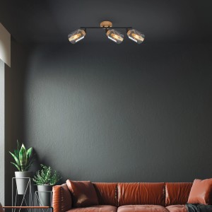 Brilo Deckenleuchte Hema mit 3 Rauchglas-Spots und Holzbasis, schwenkbar.