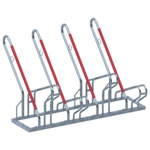 Schake Fahrradständer für 4 Fahrräder, feuerverzinkt, mit roter Ummantelung.