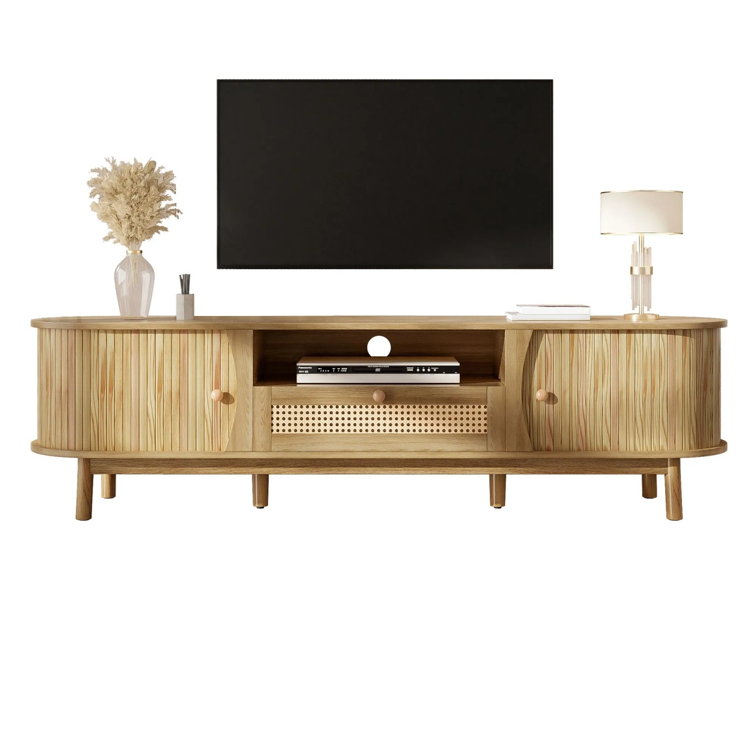 okwish TV Schrank mit Türen Schubladen Rattan Massivholz Stauraum 165x37x46cm Natur