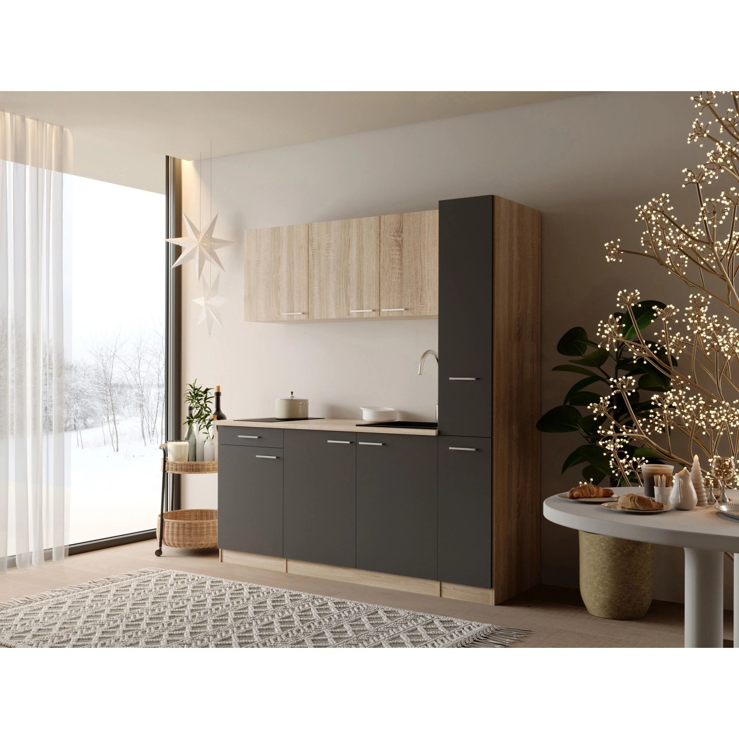 Respekta Ingrid Singleküche 180 cm Grau mit Apothekenschrank