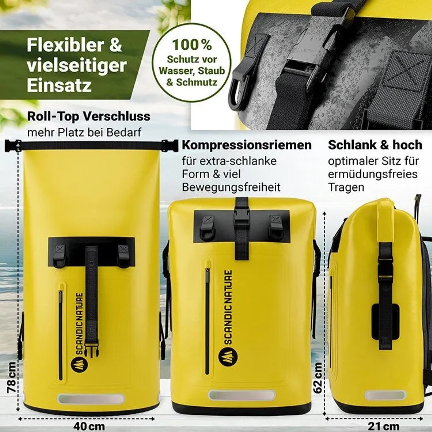 Gelber SCANDIC NATURE Rucksack Pioneer 55L, wasserdicht, mit Roll Top Verschluss für Outdoor, Wandern und Trekking.