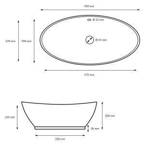 Technische Zeichnung: Ovales, weißes ECD Germany Waschbecken, 590x390x200 mm, mit Maßangaben.