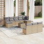 Beige 11-tlg. vidaXL Garten-Sofagarnitur aus Poly Rattan mit hellgrauen Kissen.