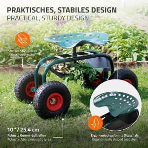 Grüner Gartenrollsitz aus Stahl, drehbar, höhenverstellbar, mit robusten Luftreifen und Stauraum für Gartenarbeit.