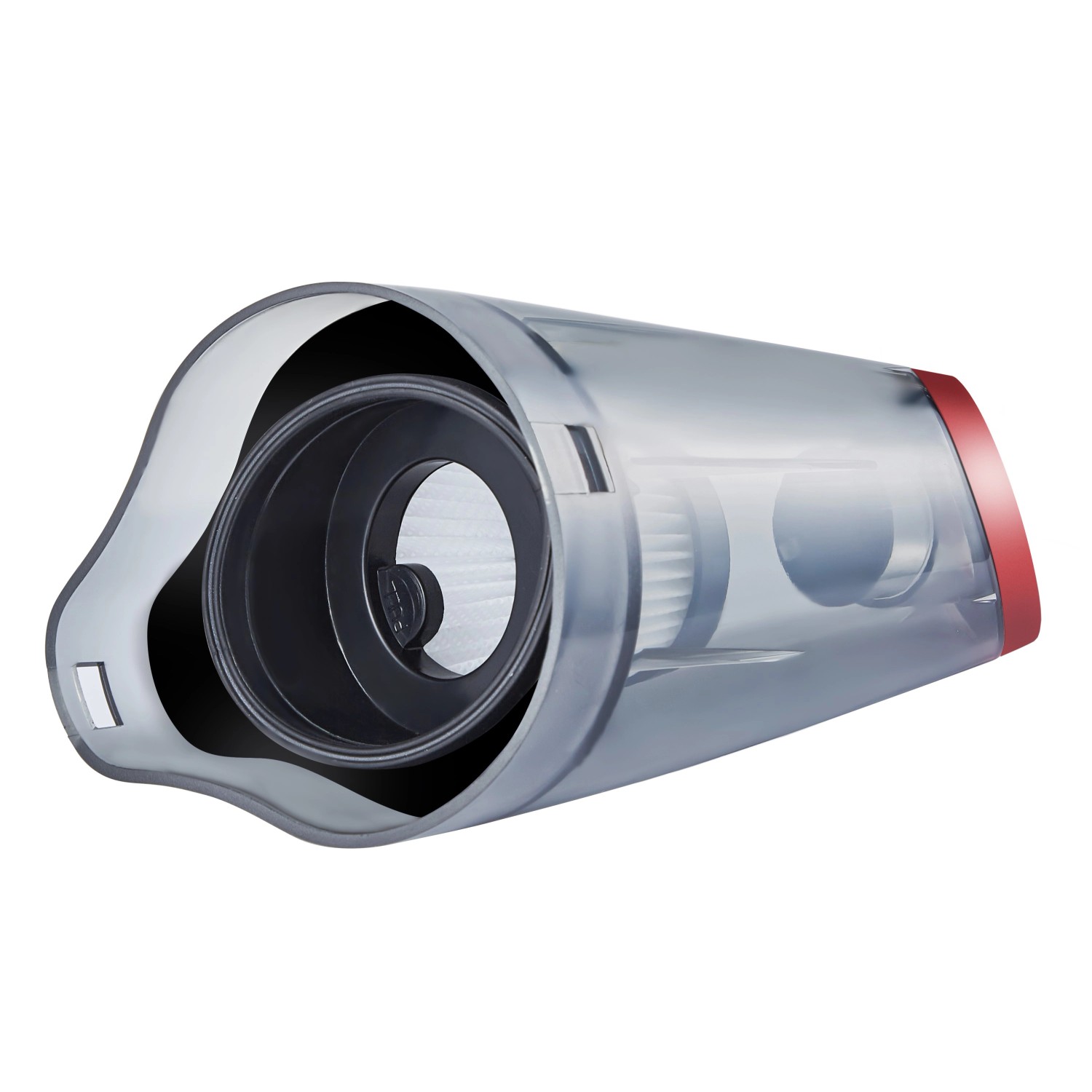 Transparenter Staubbehälter des Steinborg Akku-Handstaubsaugers mit HEPA-Filter.