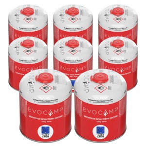 8er-Pack Evocamp Gaskartuschen, 450g Propan/Butan Schraubkartusche mit Eurogewinde und Sicherheitsverschluss.