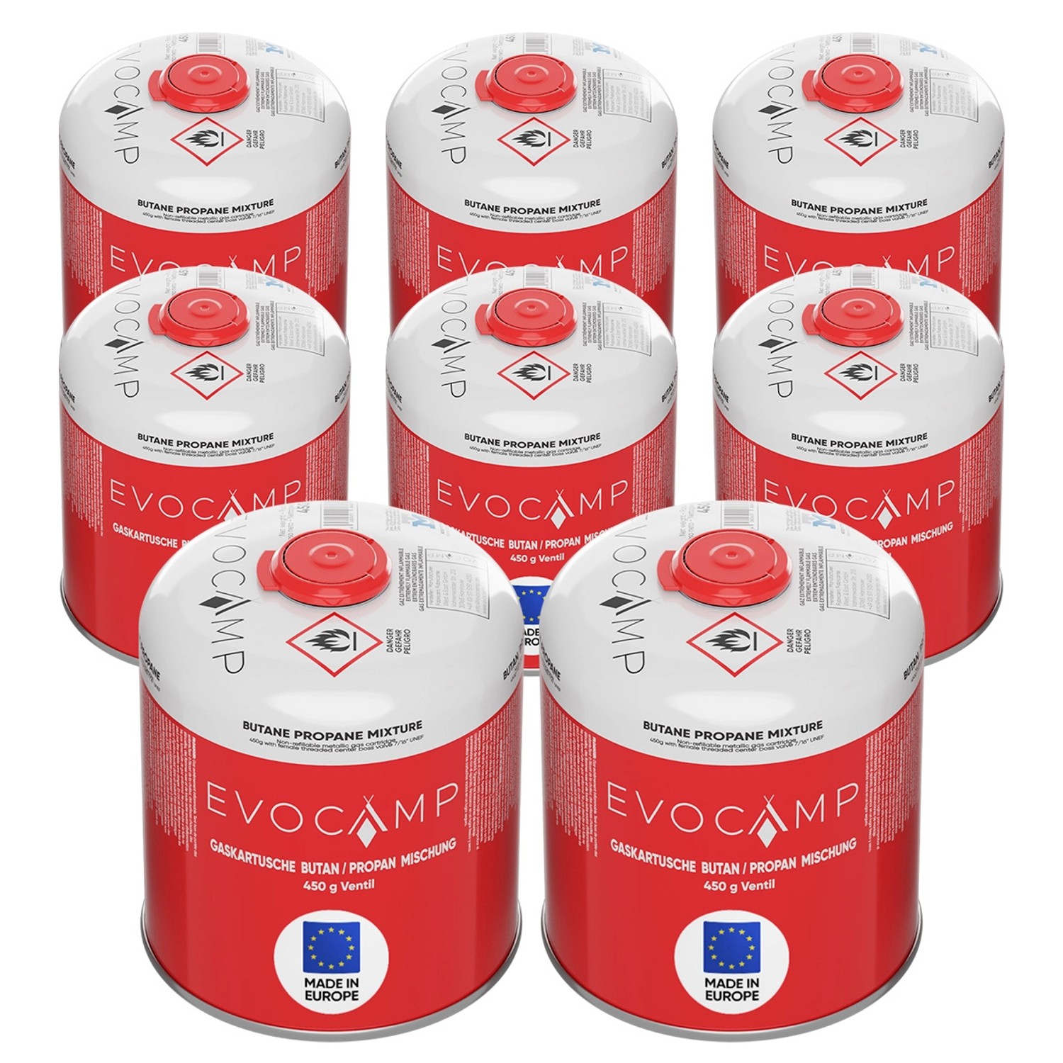 Evocamp Propan Butan 8 Stück Gaskartusche 450g Schraubkartusche Eurogewinde Sicherheitsverschluss für Campingkocher